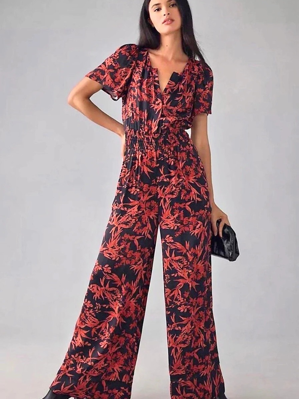 Anthropologie The Somerset Jumpsuit Floral Wide Leg Jumpsuit in Black & Red NWT